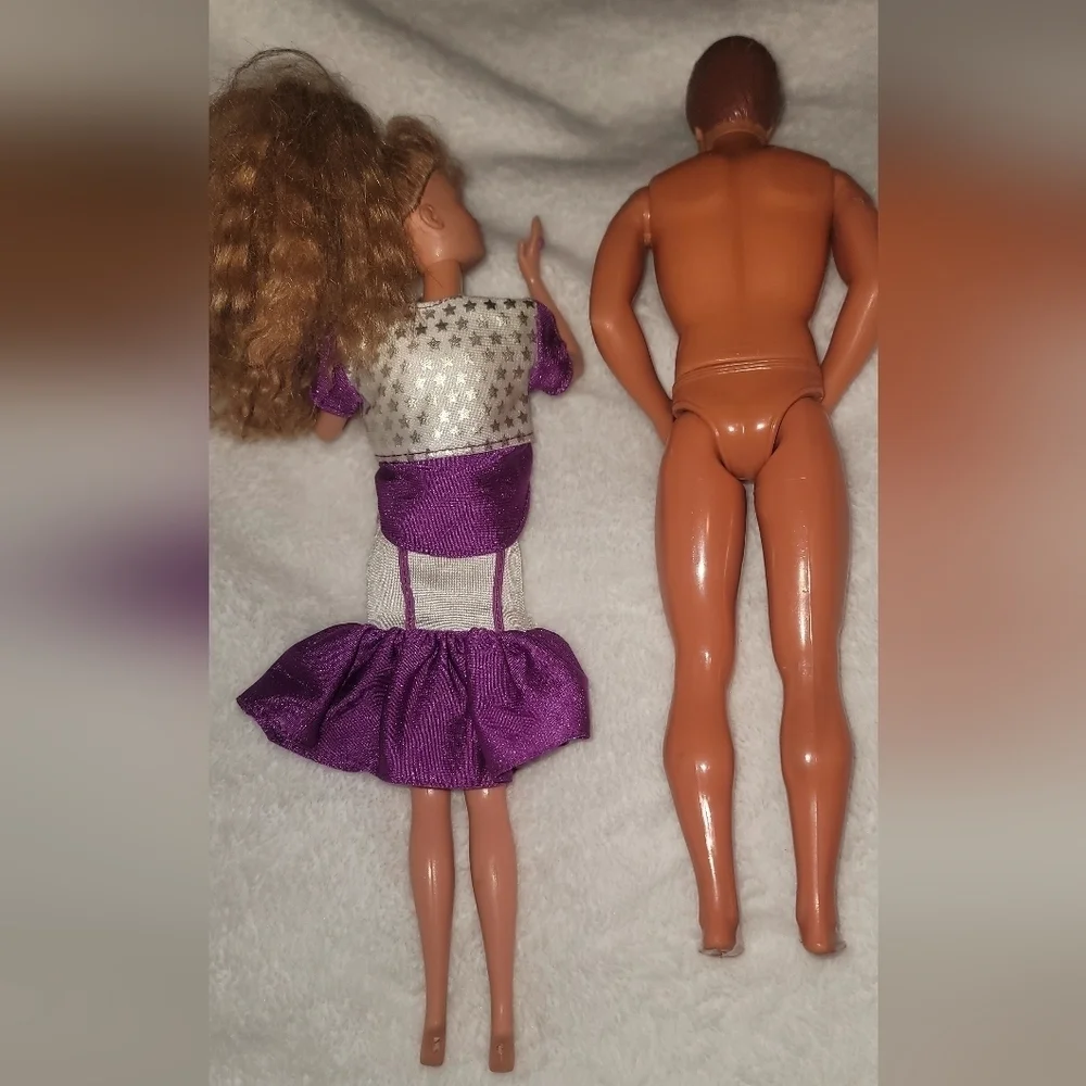 1968 Barbie And Ken Dolls Made In Malaysia 1983 Heads- With Starry Dress Outfit